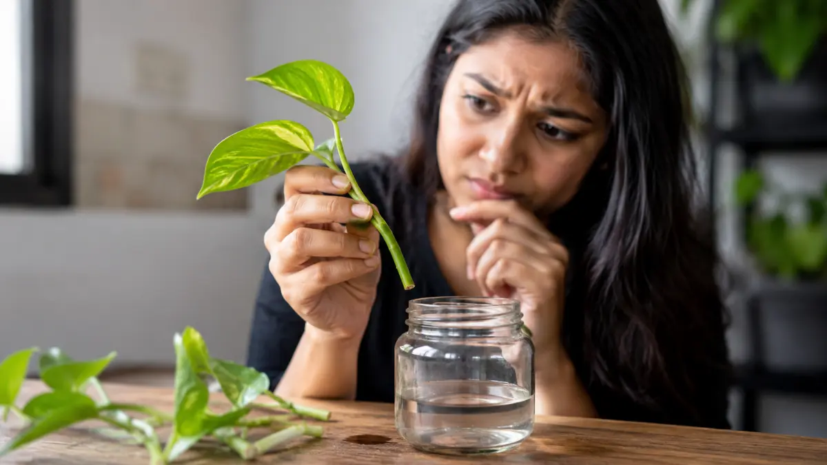Woman inspecting a money plant cutting with no visible roots beside a glass jar of water.