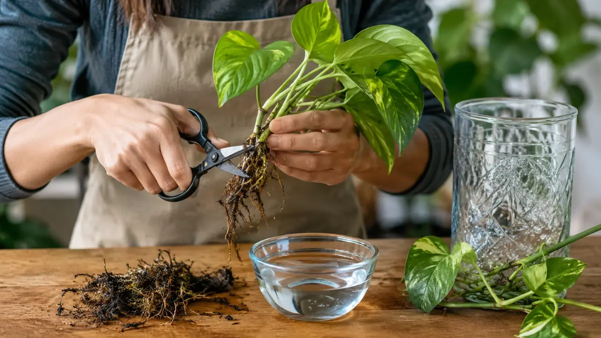 Person trimming rotten roots from a money plant before placing the healthy cutting in a clean glass container of water.