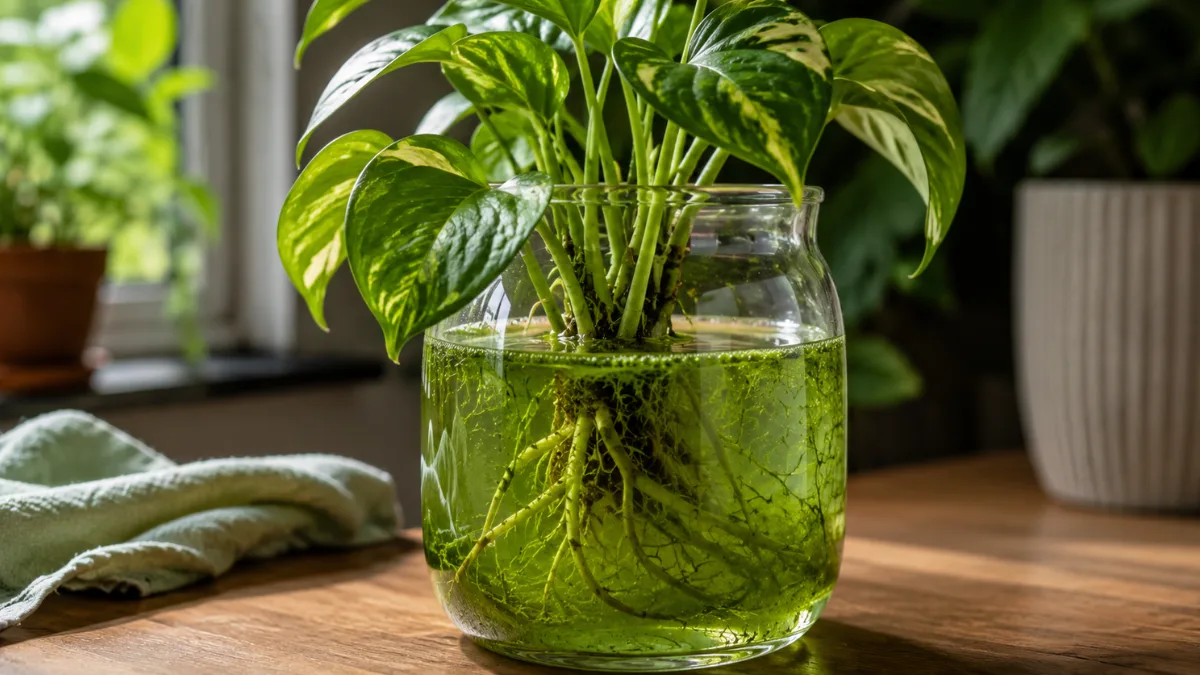 Money plant growing in a clear glass jar with green algae visible in the water around its roots