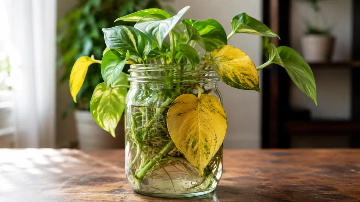 Yellow leaves on a money plant growing in a clear glass jar of water