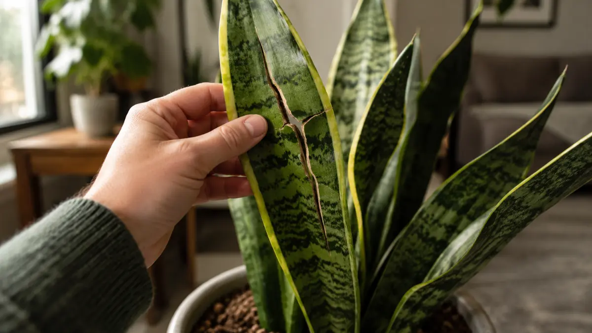 Close-up of a hand examining a split snake plant leaf with a visible crack indoors.