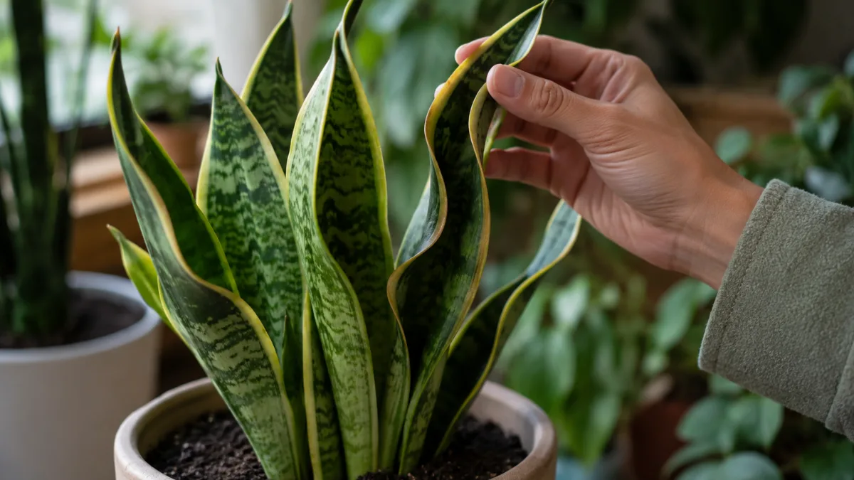 Snake plant with several leaves curling inward while a hand gently inspects the affected foliage indoors