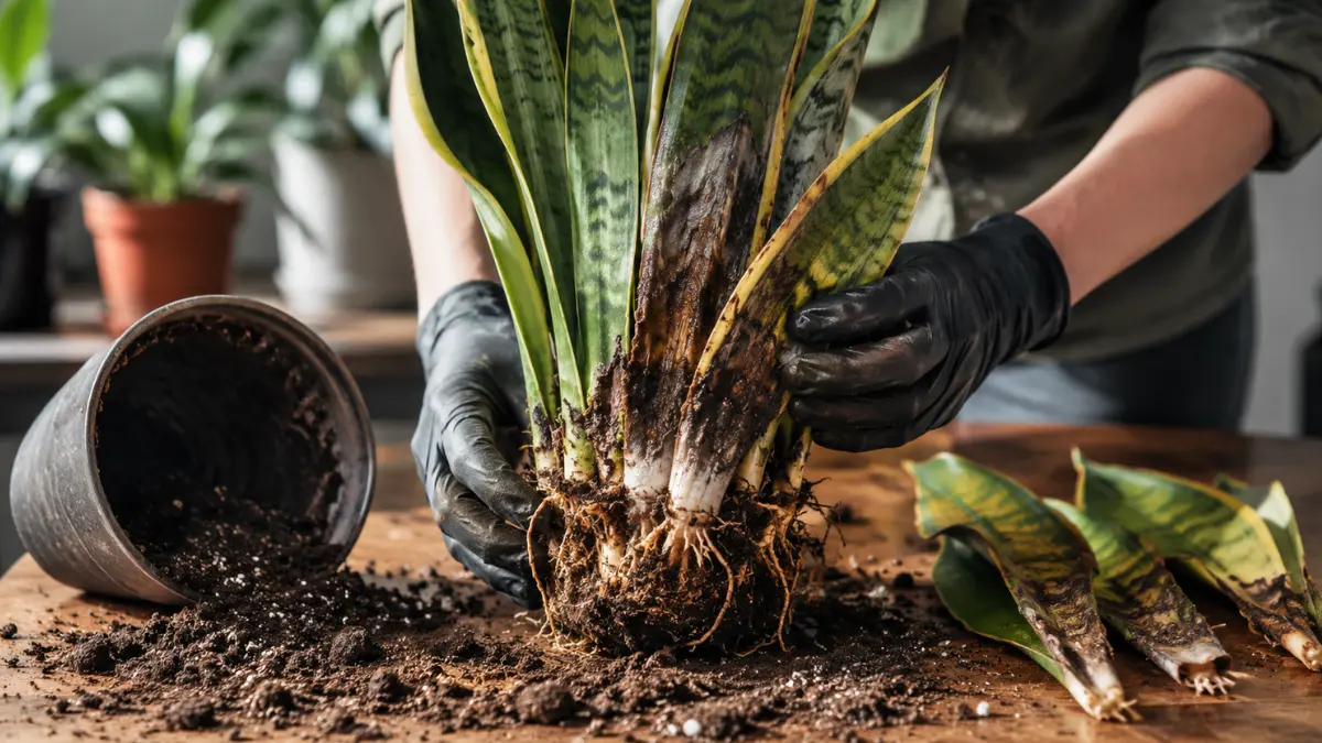 Snake plant with soft, mushy leaves and exposed roots being inspected for root and rhizome rot.